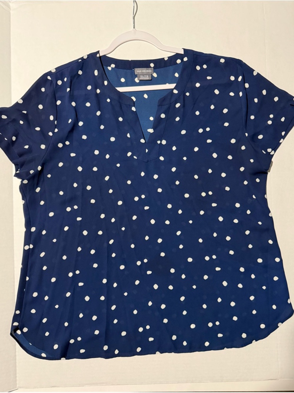 Van Heusen Navy and White Polka Dot Short Sleeve Blouse
